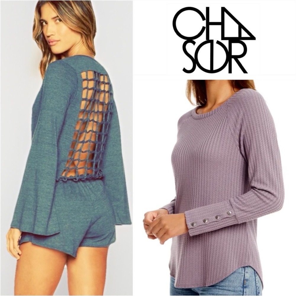 Lot of 2 Chaser Blue-Green Cut Out Romper & Purple Waffle Knit Top Size Small